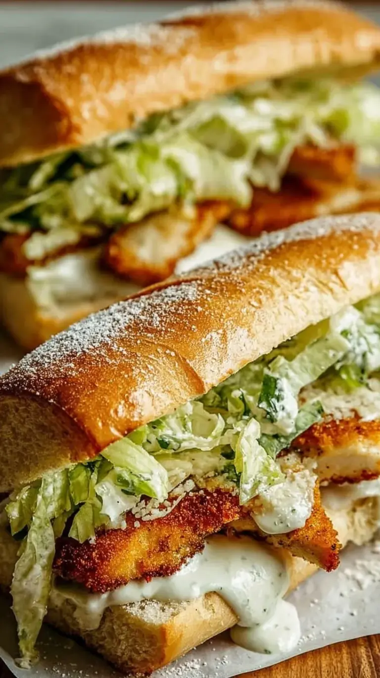 A close-up of a Chicken Caesar Sandwich with grilled chicken and parmesan on toasted ciabatta bread.