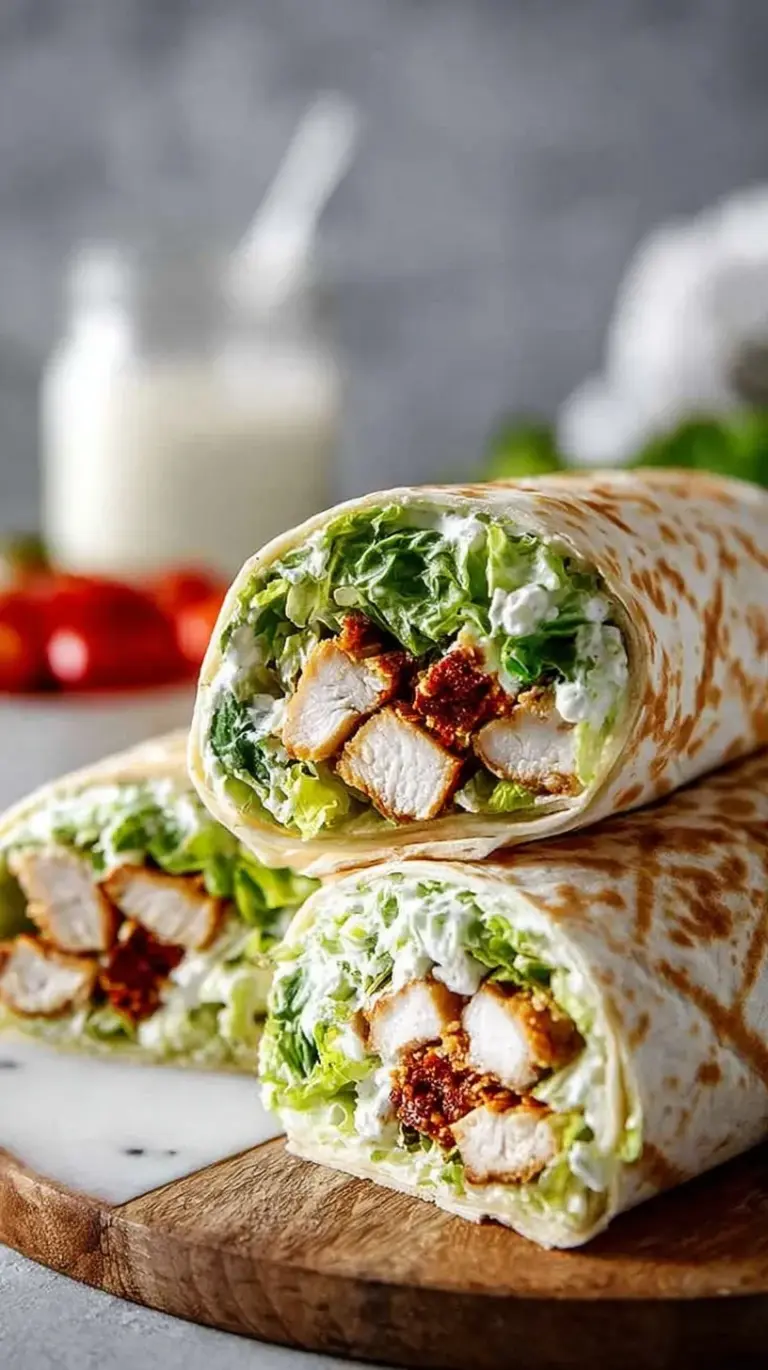 A close up of sliced Chicken Caesar Wraps showing juicy grilled chicken and fresh lettuce inside a flour tortilla