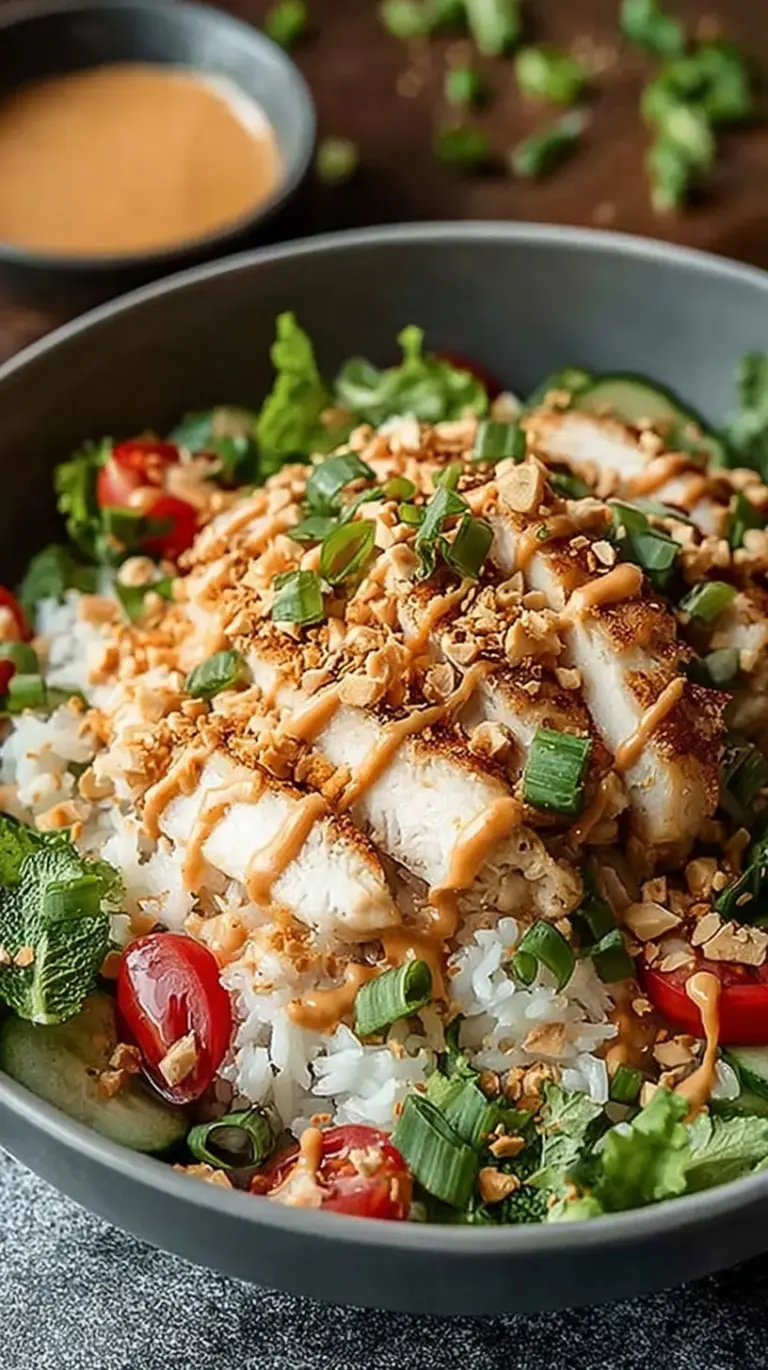 A vibrant Chicken Crispy Rice Salad topped with fresh herbs and peanut dressing