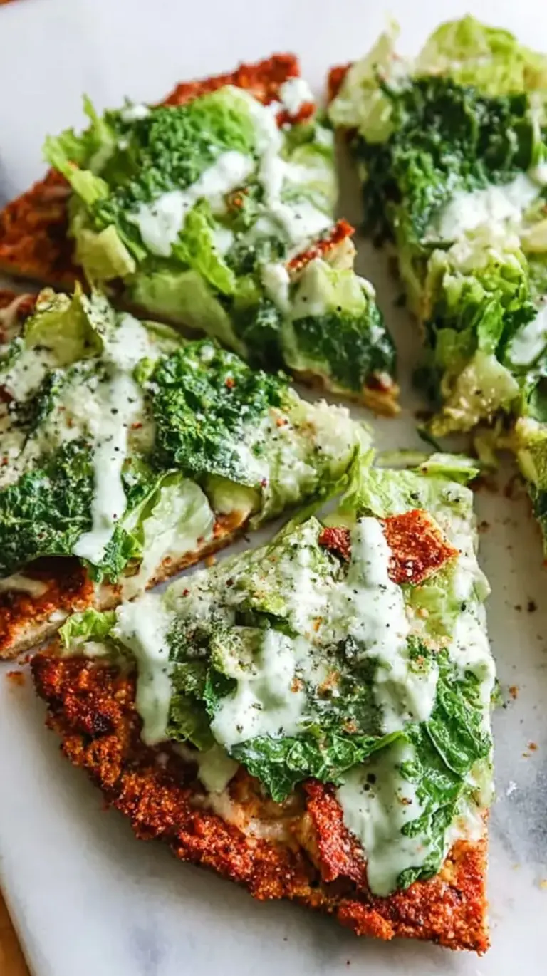 A golden brown chicken pizza crust topped with fresh Caesar salad and shaved parmesan