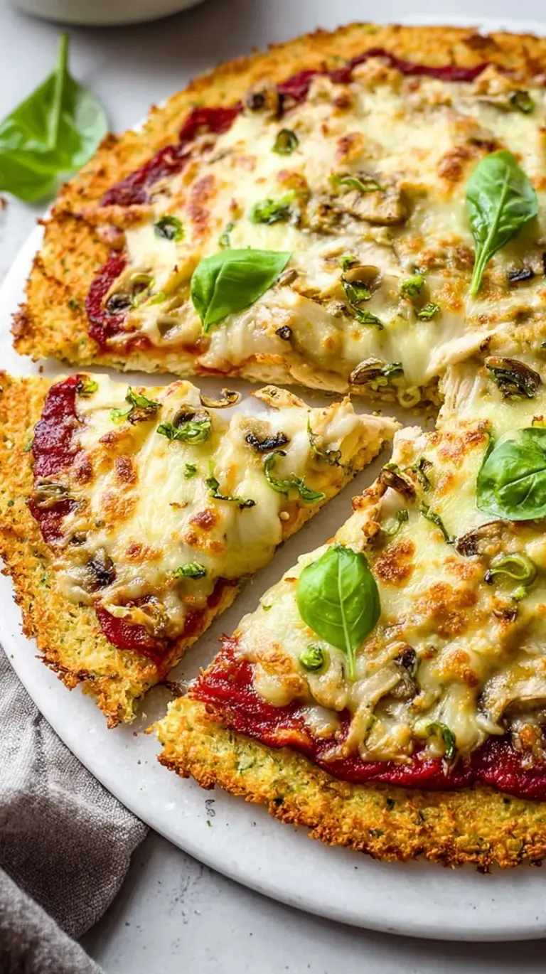 A crispy pepperoni chicken crust pizza sliced on parchment paper