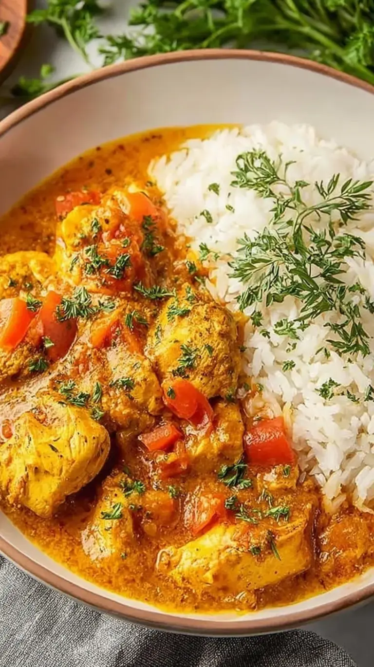 Close up of creamy chicken curry in a bowl with cilantro garnish