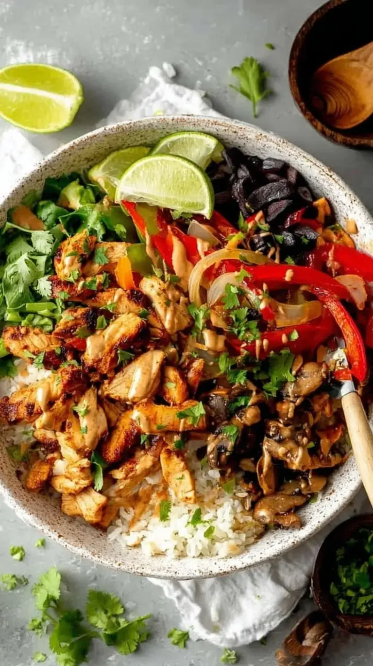Chicken Fajita Bowls with charred peppers, onions, black beans, and avocado over rice