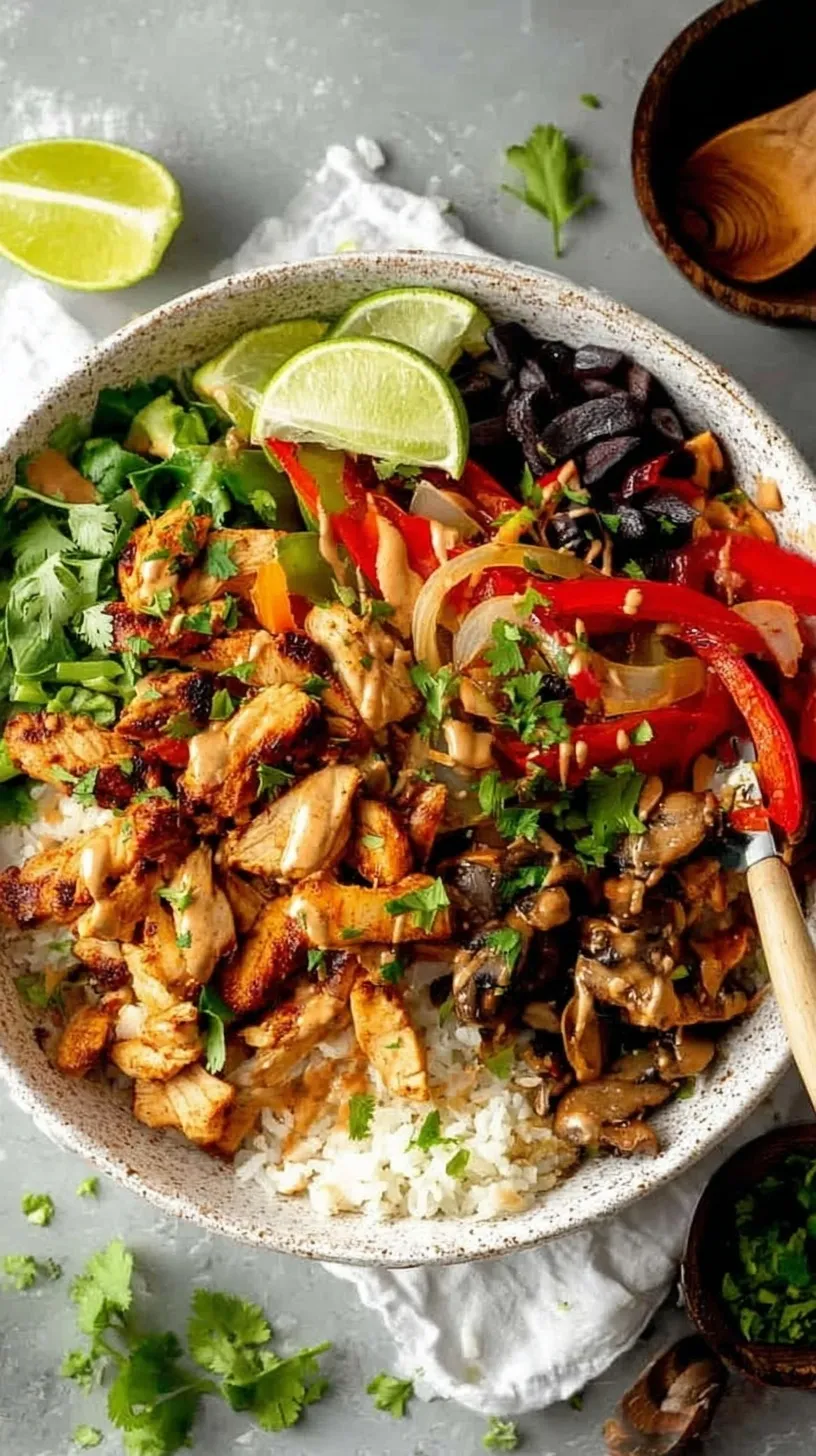 Chicken Fajita Bowls with charred peppers, onions, black beans, and avocado over rice