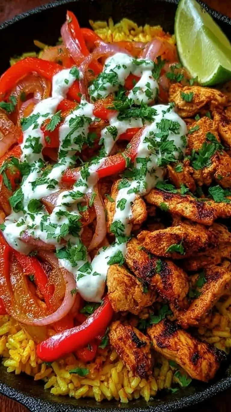 Colorful Chicken Fajita Rice Bowls with sliced avocado and fresh cilantro on top of white rice.