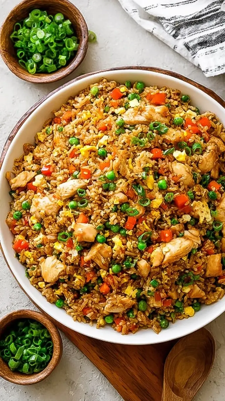 A steaming bowl of chicken fried rice with green onions and colorful vegetables