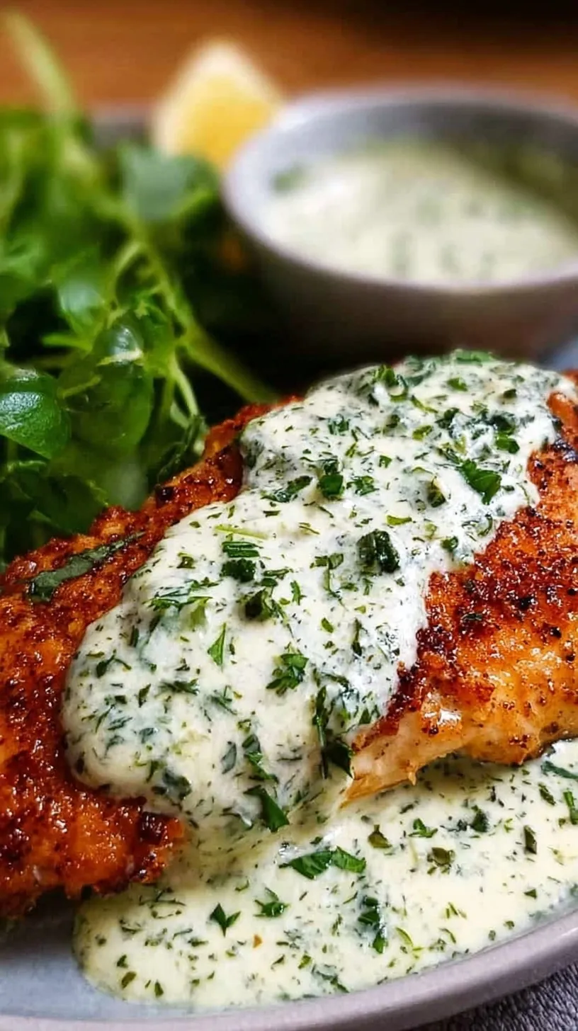 Pan-seared chicken breasts smothered in a creamy white sauce with green basil leaves in a skillet.