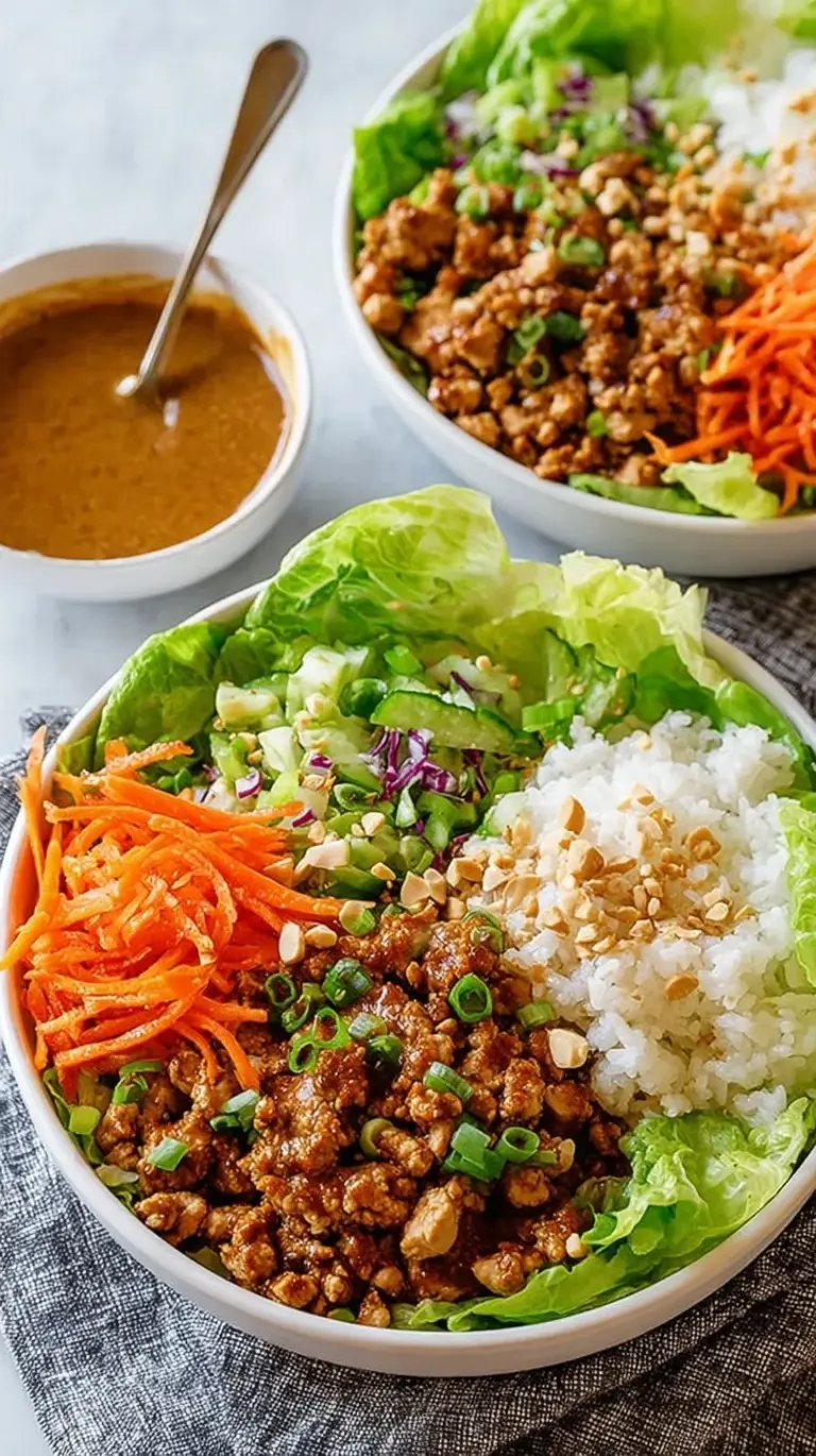 Chicken lettuce wrap bowls with ground chicken, shredded carrots, and creamy peanut sauce drizzle
