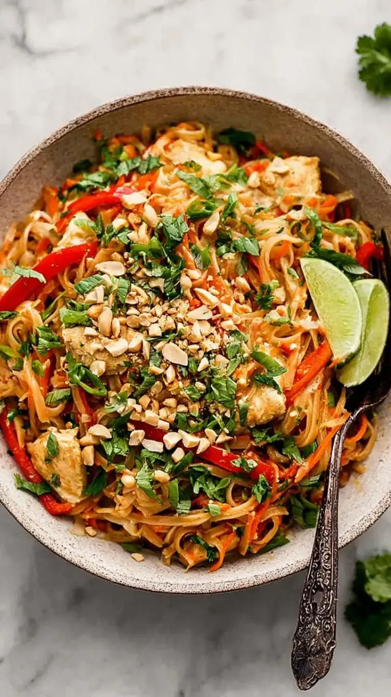 A plate of fresh Chicken Pad Thai with crushed peanuts, lime wedges, and green onions.