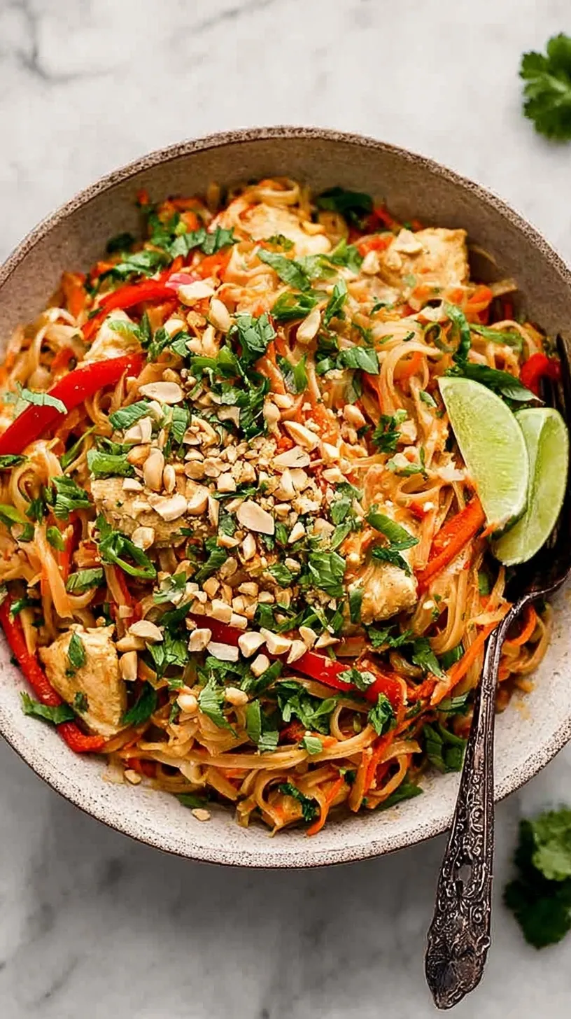 A plate of fresh Chicken Pad Thai with crushed peanuts, lime wedges, and green onions.