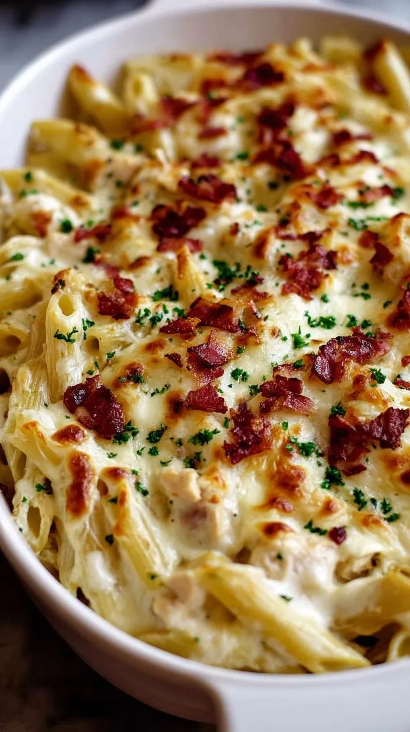 A bubbling dish of Chicken Ranch Baked Penne topped with melted cheese, crispy bacon, and green onions.