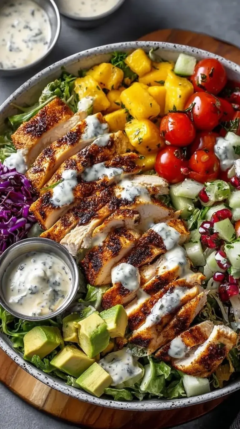 A vibrant Chicken Salad Bowl with grilled chicken, quinoa, avocado, and cherry tomatoes