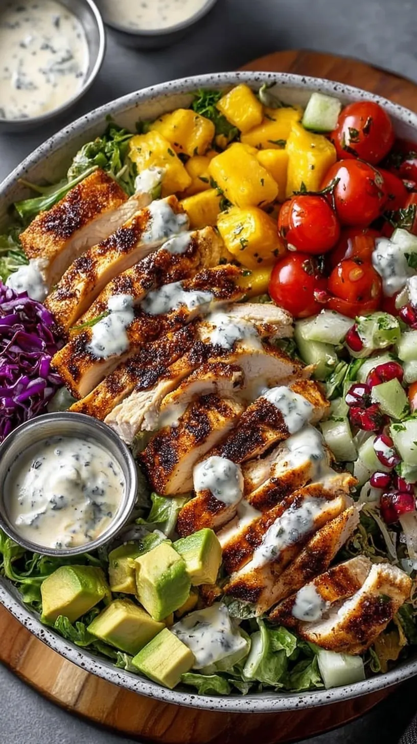 A vibrant Chicken Salad Bowl with grilled chicken, quinoa, avocado, and cherry tomatoes