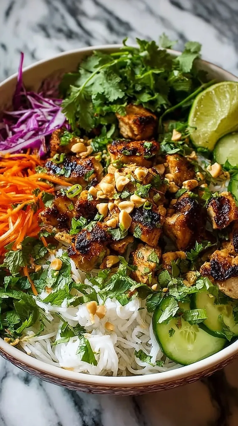 A vibrant bowl with satay chicken, rice noodles, shredded carrots, cucumber, and red cabbage drizzled with peanut sauce.