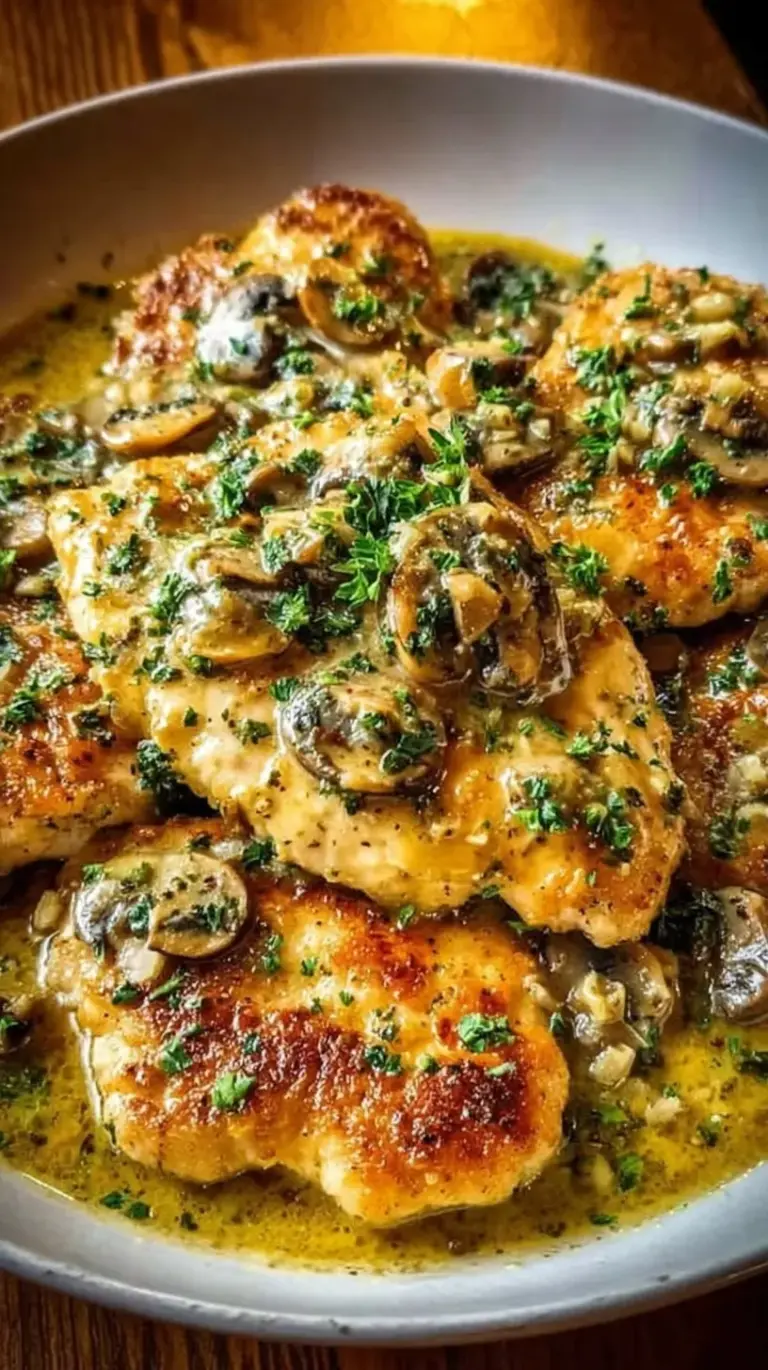 Golden brown Chicken Scallopini in a skillet with mushrooms, capers, and lemon butter sauce.