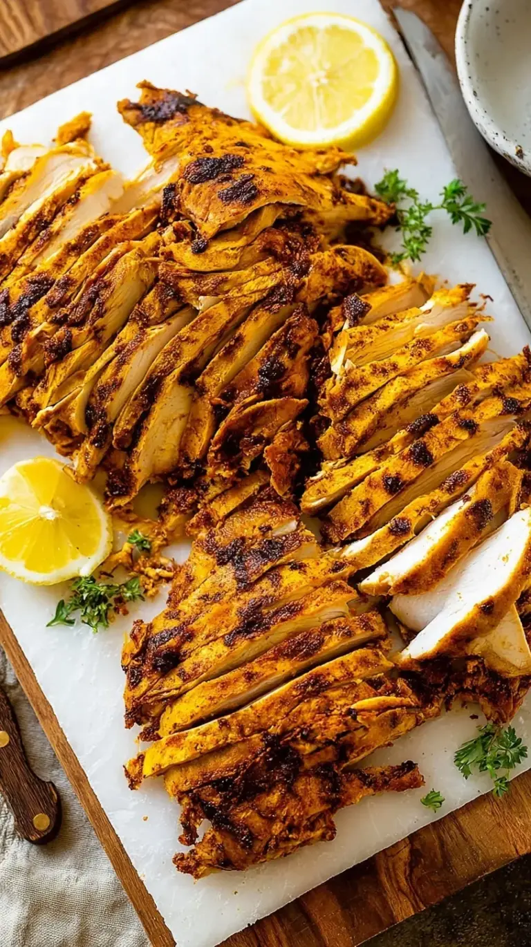 Close up of sliced roasted chicken shawarma on a baking sheet with charred edges