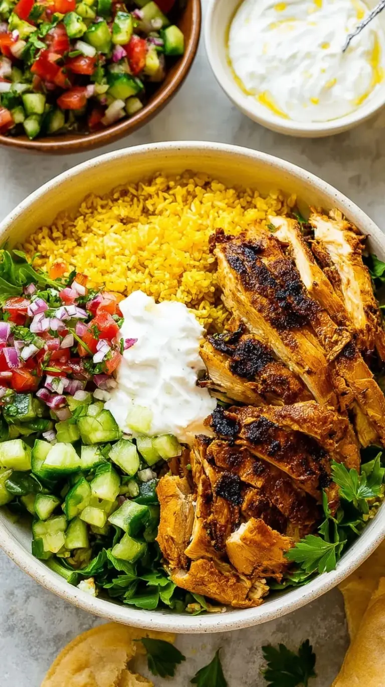 A vibrant Chicken Shawarma Bowl with spiced chicken, basmati rice, cucumber, and tahini drizzle