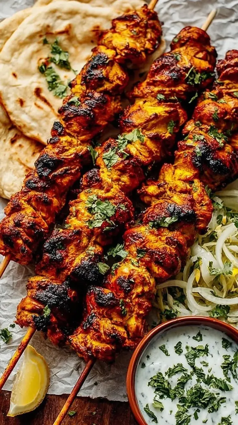 Grilled Chicken Shawarma Kebabs on skewers with char marks and fresh herbs