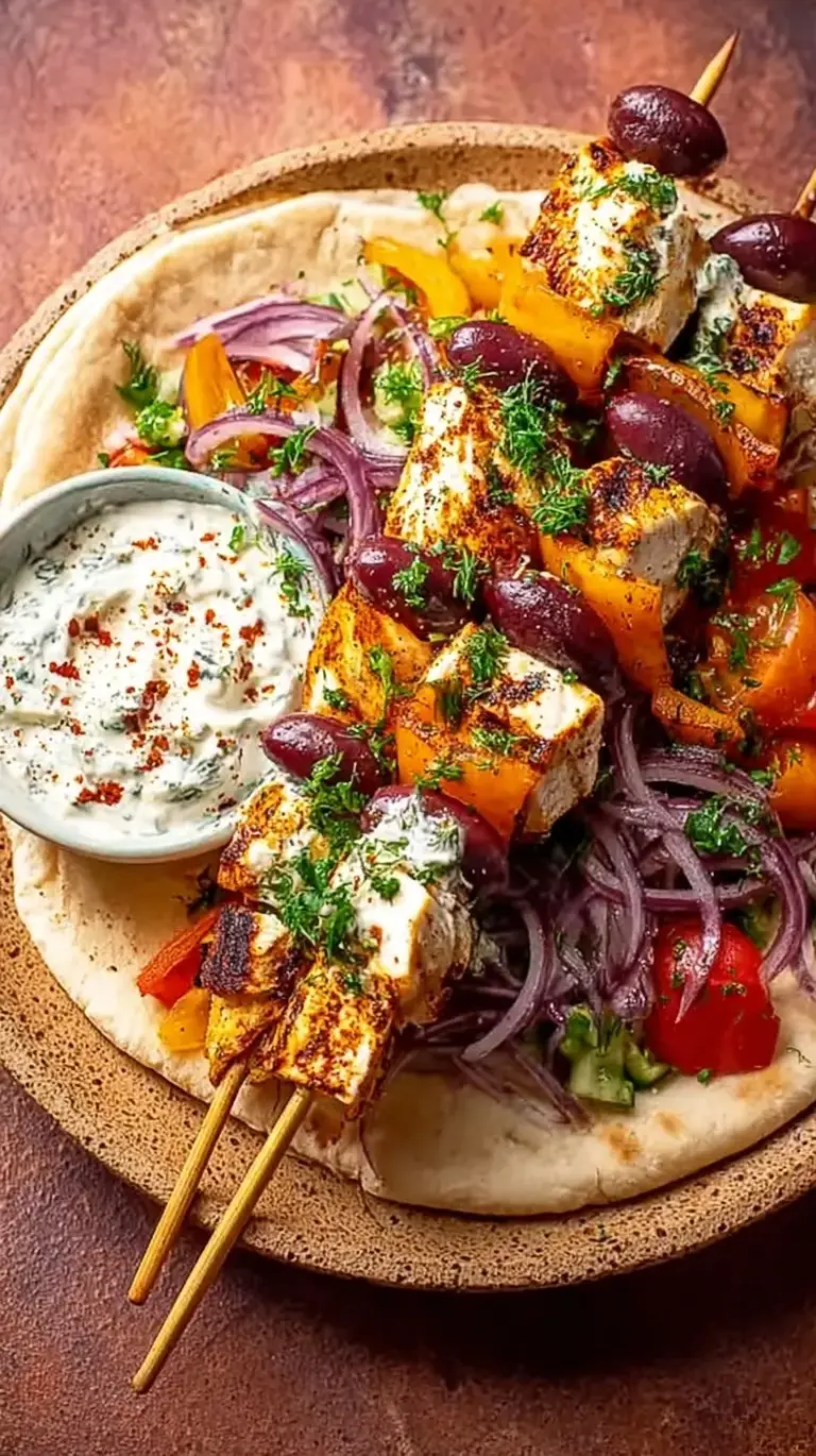 Grilled chicken souvlaki skewers on a platter with lemon wedges and herbs