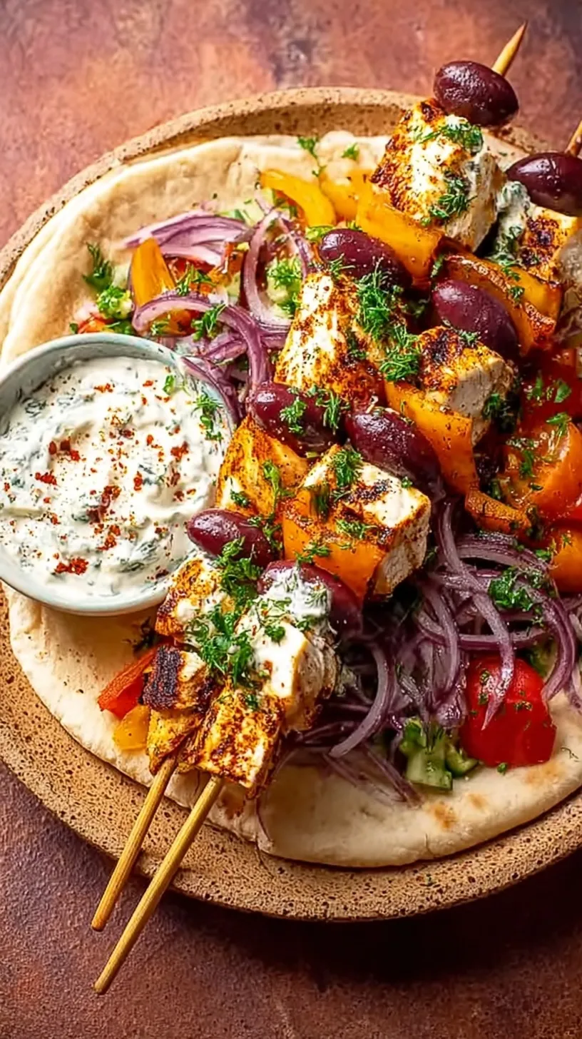 Grilled chicken souvlaki skewers on a platter with lemon wedges and herbs