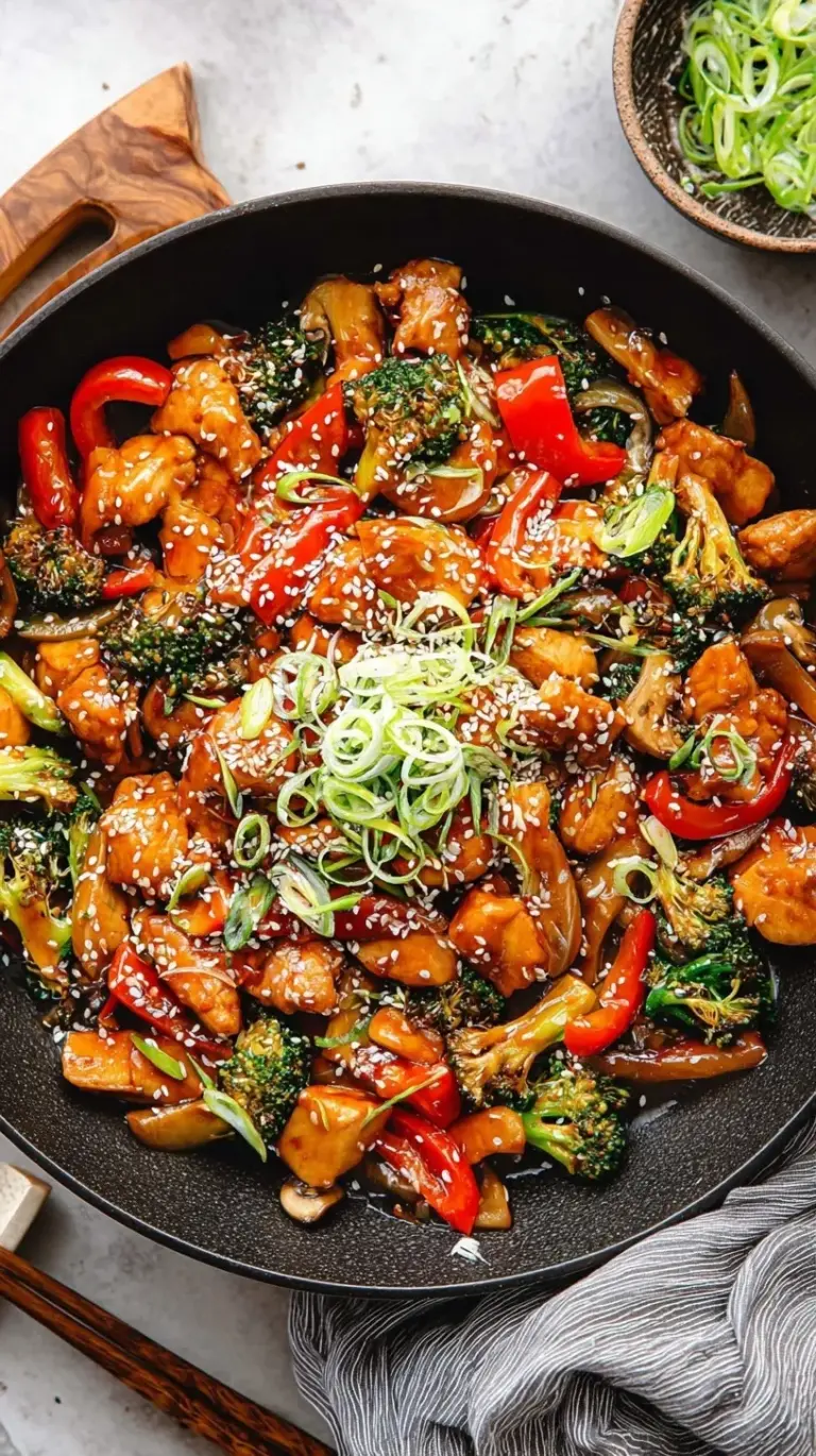 A vibrant chicken stir fry with broccoli, carrots, and red peppers in a savory ginger sauce