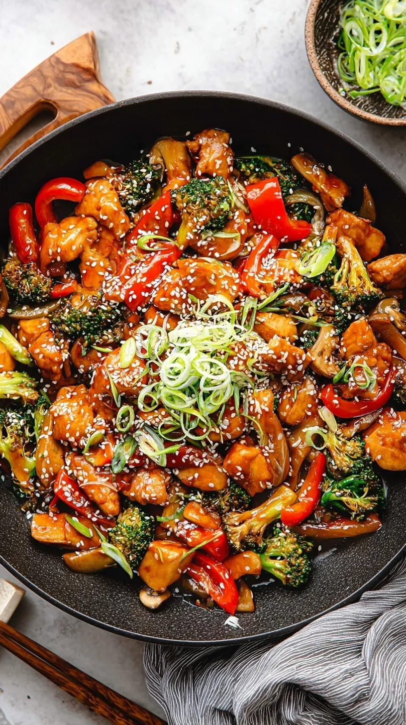 A vibrant chicken stir fry with broccoli, carrots, and red peppers in a savory ginger sauce