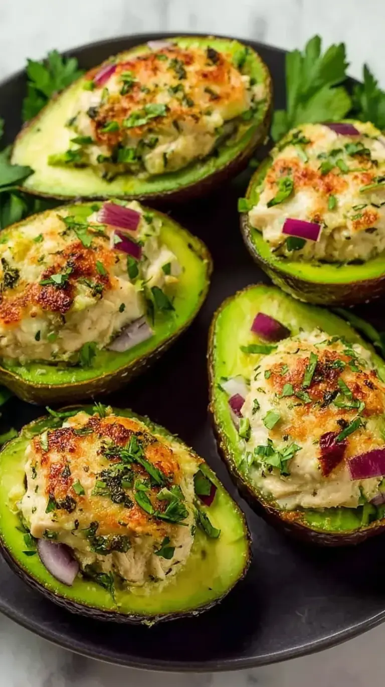 Two halves of a baked avocado stuffed with shredded chicken and melted Monterey Jack cheese on a white plate.