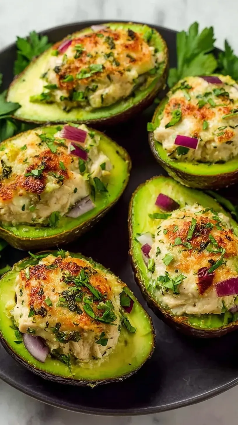 Two halves of a baked avocado stuffed with shredded chicken and melted Monterey Jack cheese on a white plate.