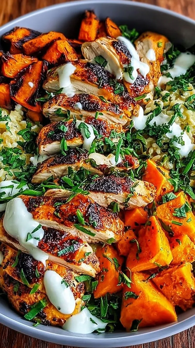 A vibrant meal prep bowl with roasted chicken, sweet potatoes, broccoli, and creamy tahini dressing over quinoa.