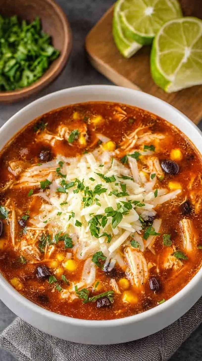 A steaming bowl of Chicken Taco Soup topped with fresh avocado, shredded cheese, and crunchy tortilla strips.