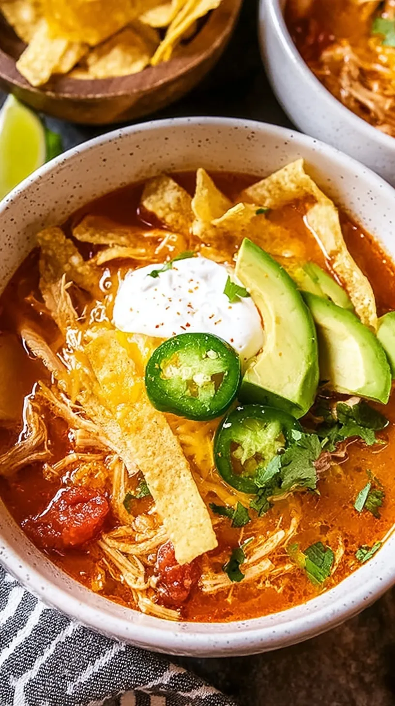 A steaming bowl of Chicken Tortilla Soup topped with avocado, cheese, and crispy tortilla strips.