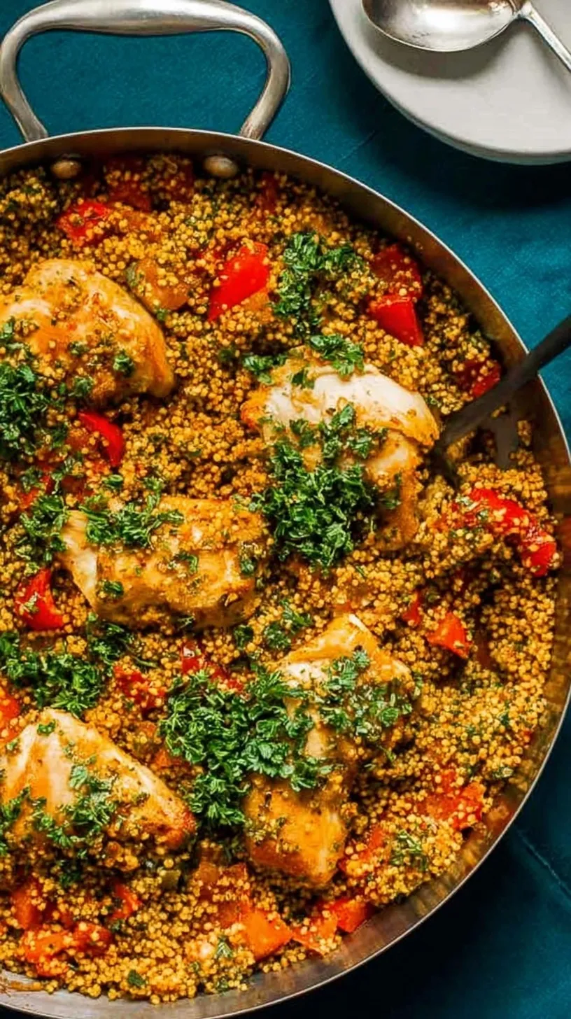 A large skillet filled with golden-brown chicken thighs nestled in fluffy bulgur wheat, garnished with fresh parsley.