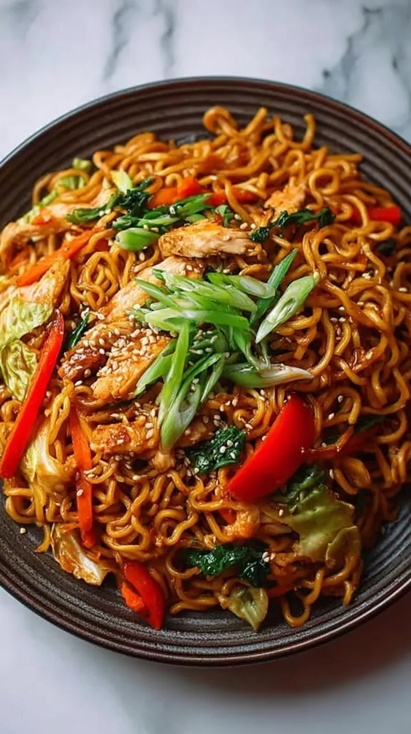 A steaming plate of Chicken Yakisoba with cabbage, carrots, and pickled ginger garnish.