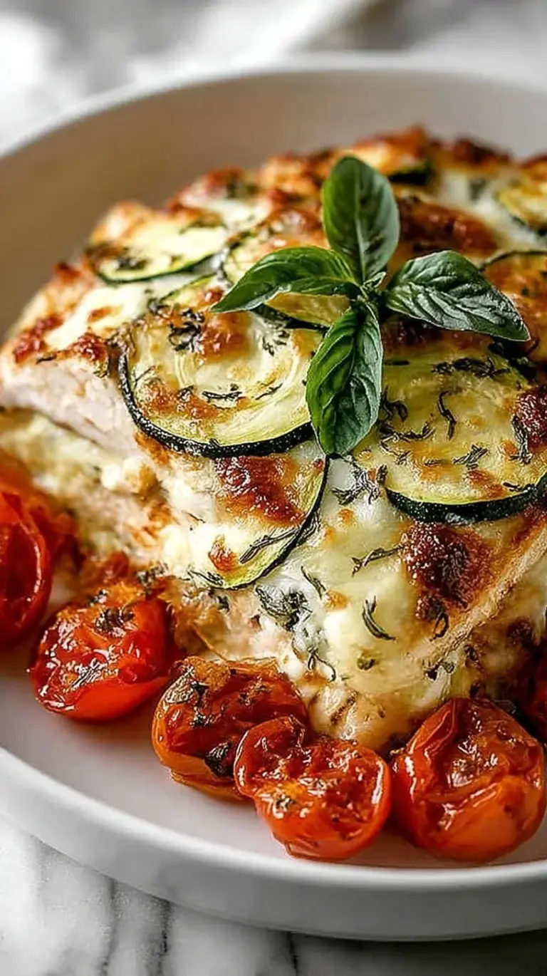 A 9x13 baking dish filled with golden melted mozzarella cheese over chicken cubes and zucchini in marinara sauce.
