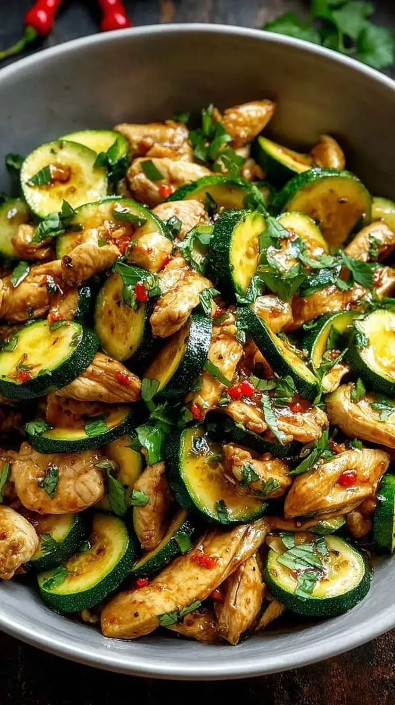 A vibrant skillet of Chicken Zucchini Stir Fry with glossy brown sauce and red pepper flakes
