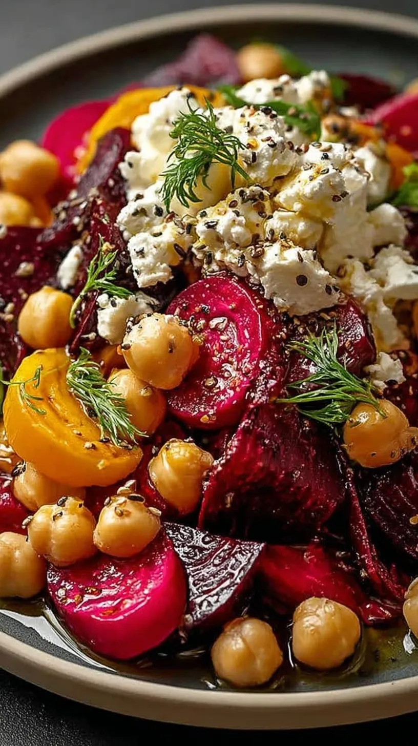 A colorful bowl of Chickpea Beet Feta Salad with fresh parsley and lemon garlic dressing