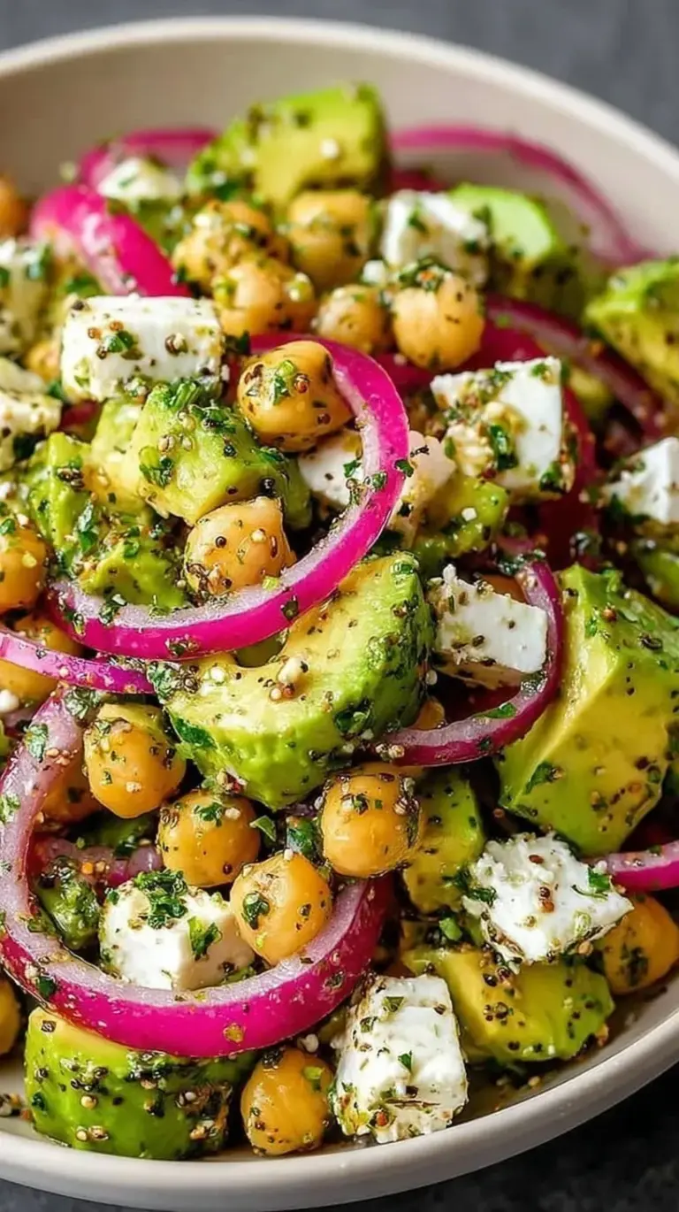 A vibrant bowl of chickpea feta avocado salad with cherry tomatoes and cucumber