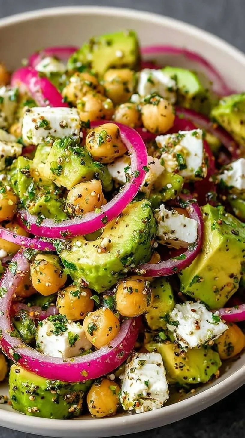 A vibrant bowl of chickpea feta avocado salad with cherry tomatoes and cucumber