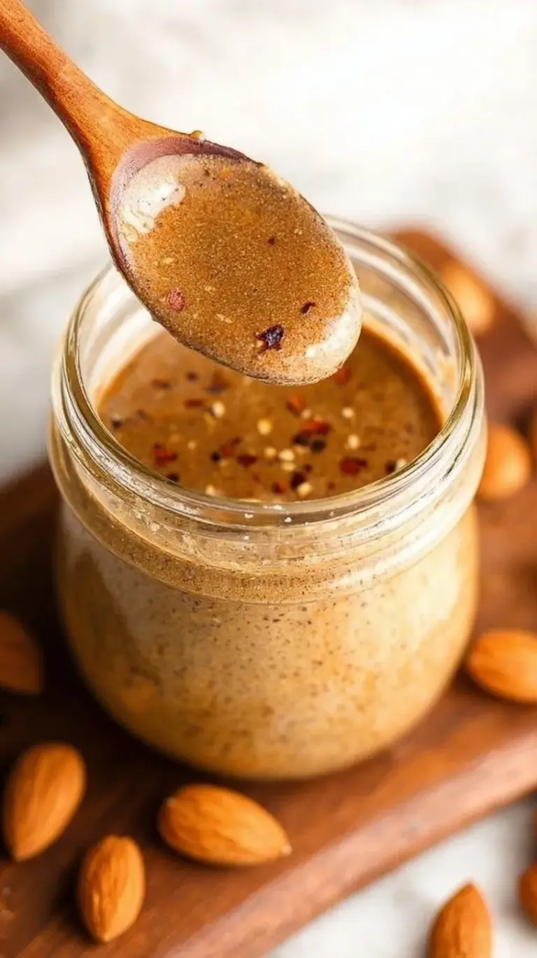 Creamy chili almond dressing in a glass jar with chili oil swirls
