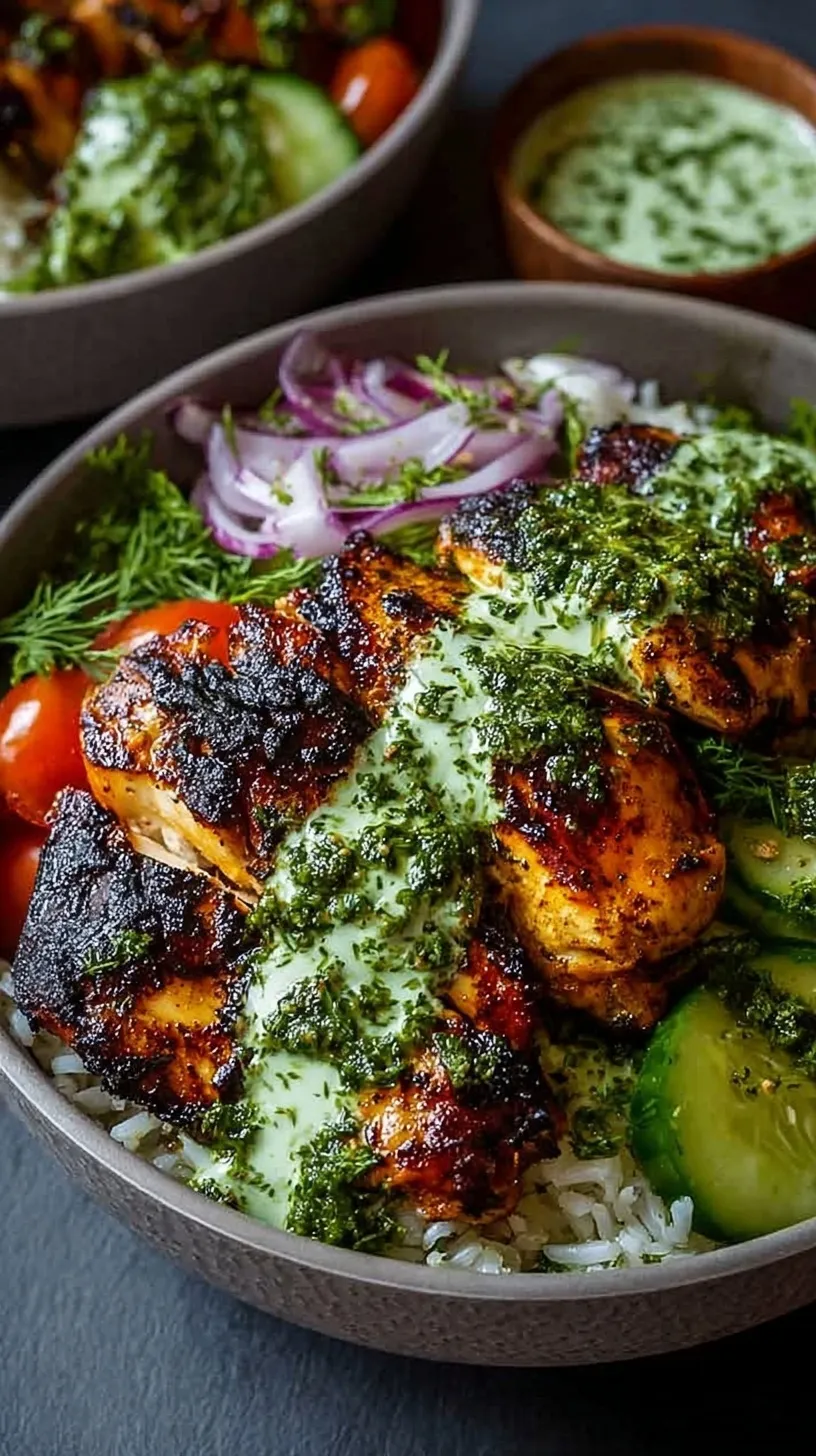 A vibrant bowl with grilled chimichurri chicken, white rice, sliced cucumbers, and cherry tomatoes topped with white garlic sauce.