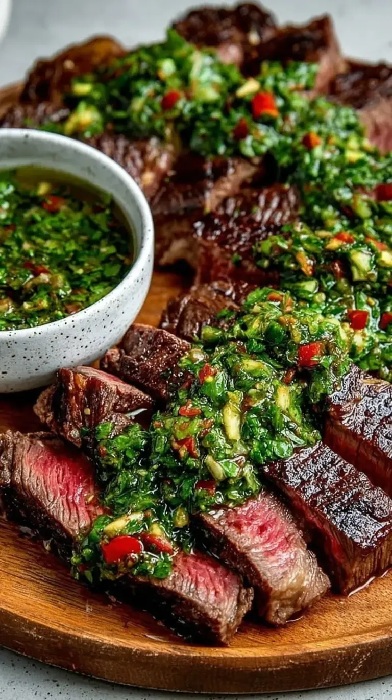 Grilled Chimichurri Steak sliced thin on a platter with green herb sauce
