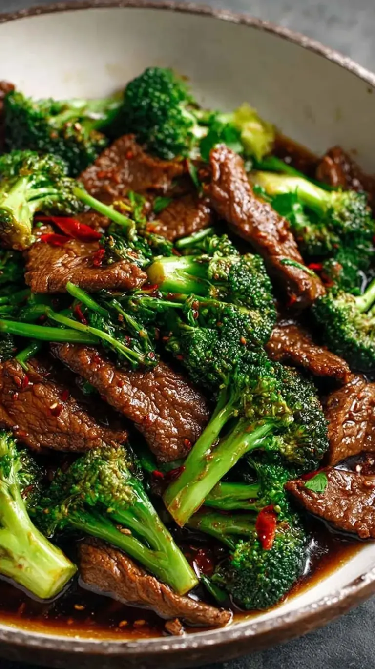 Sizzling Chinese Beef and Broccoli in a dark savory sauce with fresh ginger and garlic