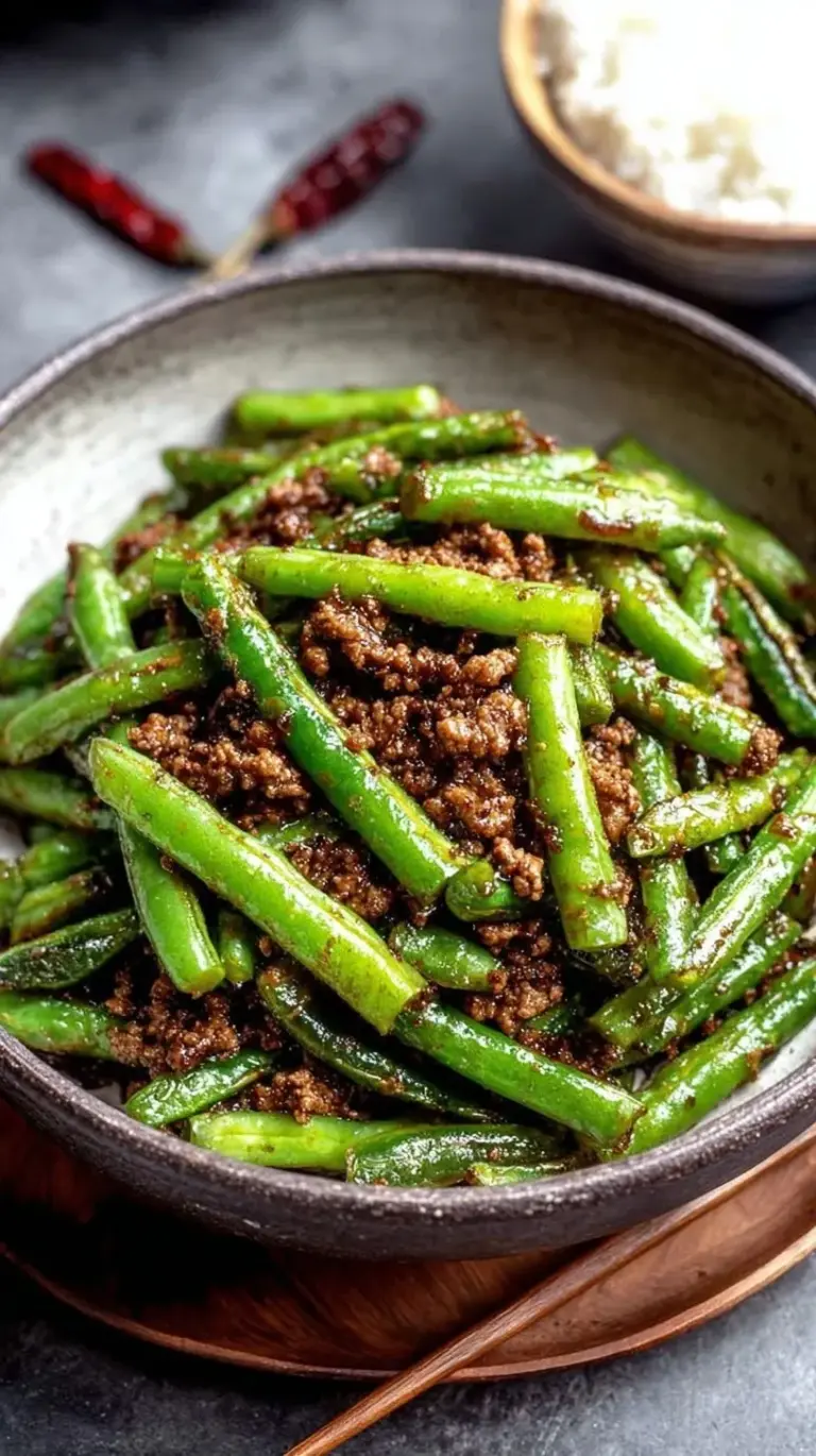 A skillet of blistered green beans and savory ground beef with garlic and ginger.