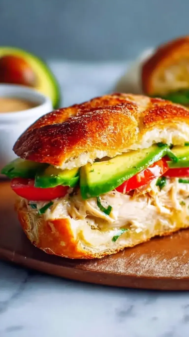 A toasted Chipotle Chicken Avocado Melt with gooey white cheddar and fresh avocado on black pepper focaccia.