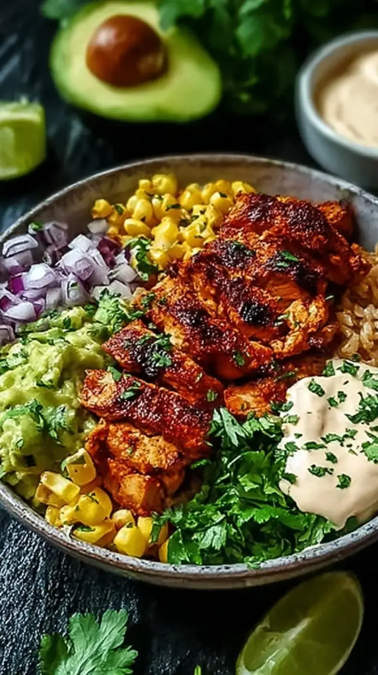 A vibrant Chipotle Chicken Bowl with grilled chicken, cilantro lime rice, black beans, and fresh avocado.