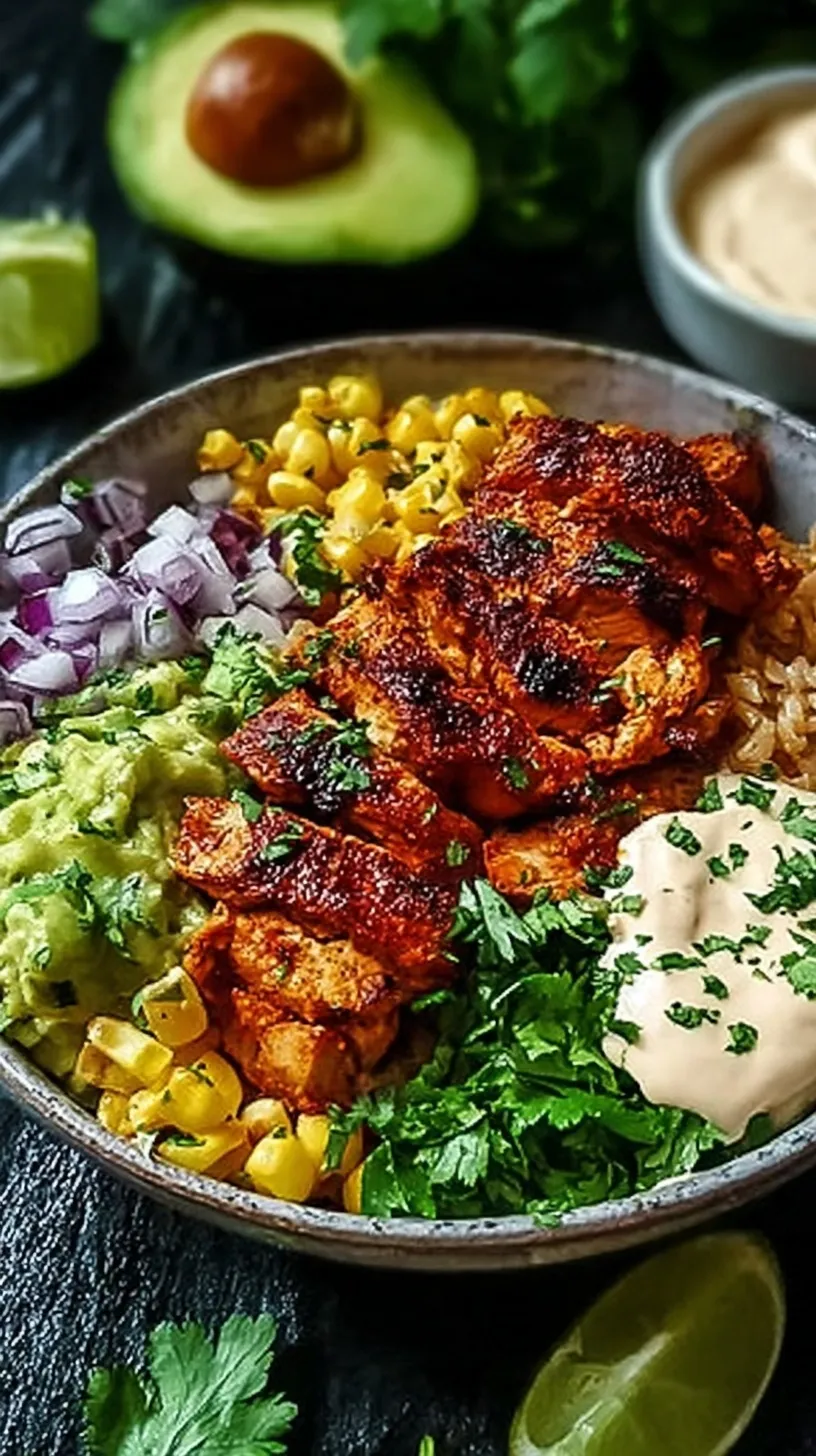 A vibrant Chipotle Chicken Bowl with grilled chicken, cilantro lime rice, black beans, and fresh avocado.