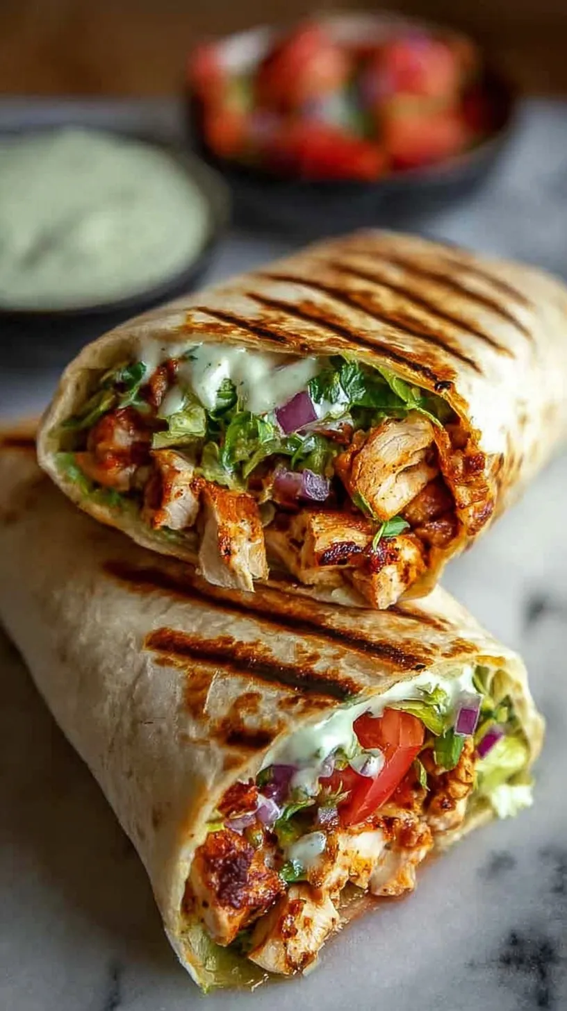 Large grilled chicken burrito sliced in half showing rice, beans, and creamy chipotle ranch sauce