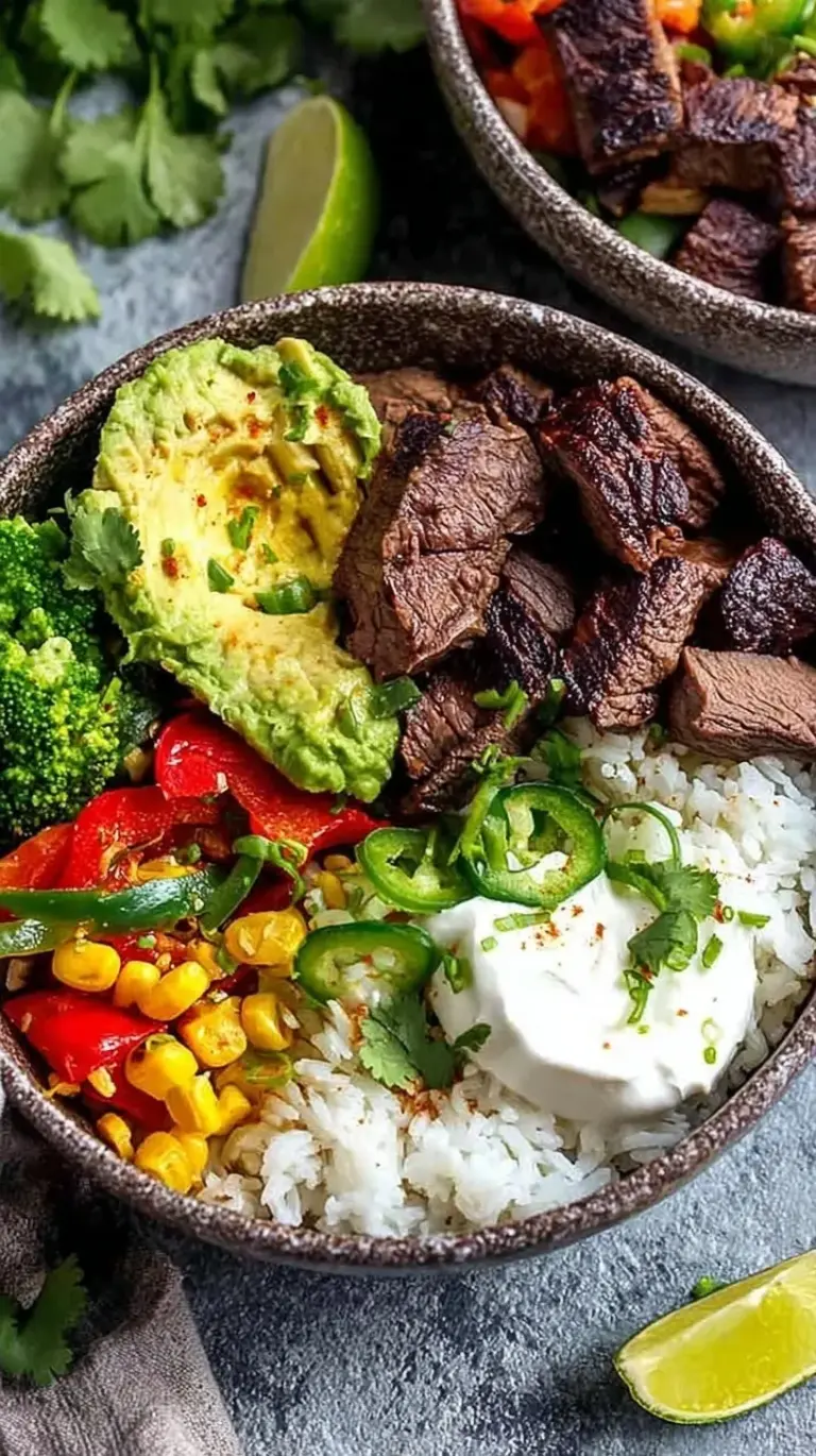 A vibrant Chipotle Steak Rice Bowl with sliced flank steak, corn salsa, and black beans over cilantro-lime rice.