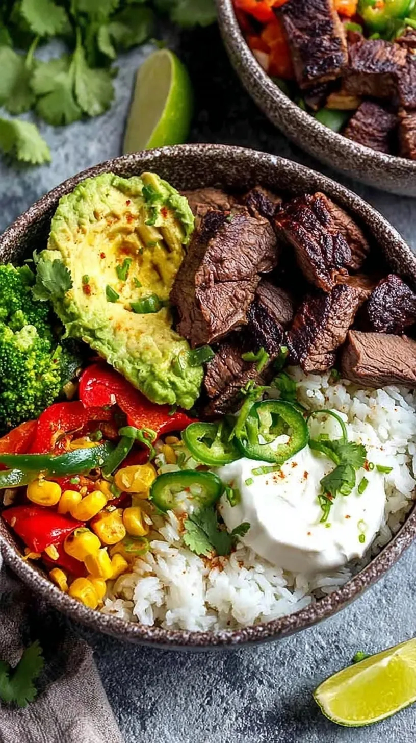 A vibrant Chipotle Steak Rice Bowl with sliced flank steak, corn salsa, and black beans over cilantro-lime rice.