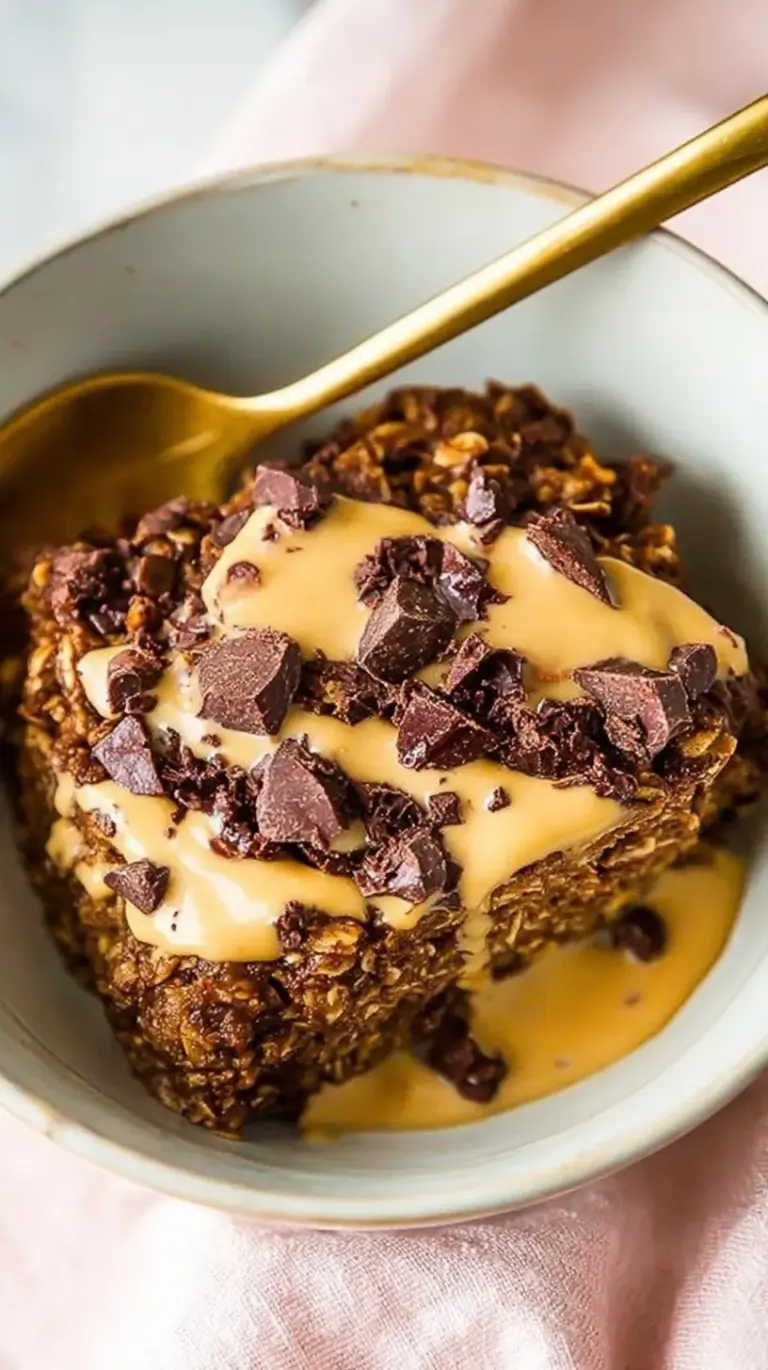 A square of chocolate baked oatmeal topped with melted chocolate chips and fresh berries